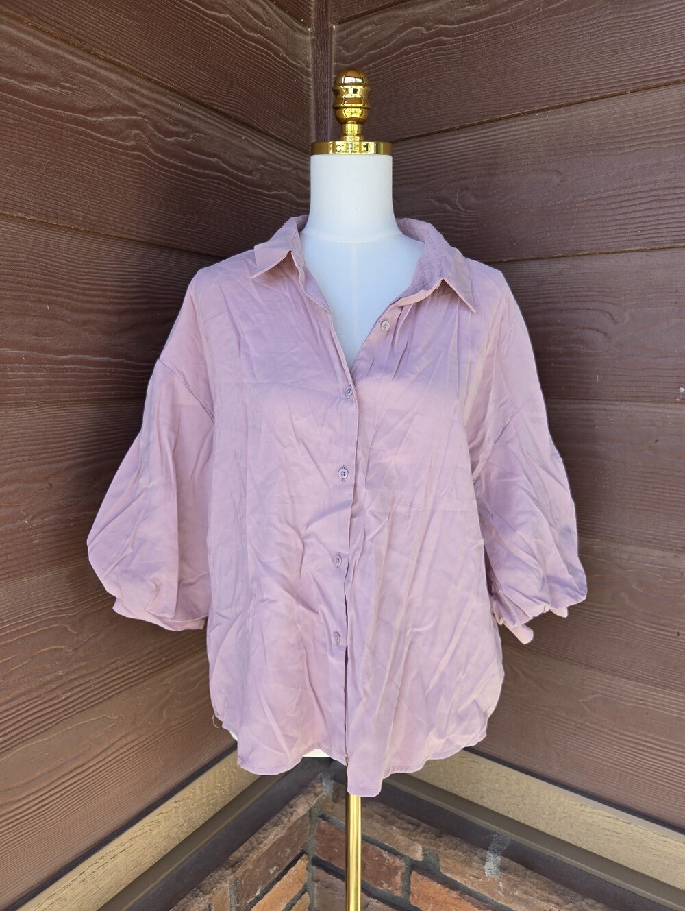 La’Ven Dusty Rose Mauve Puff Sleeve Button-Down Blouse Medium NWOT